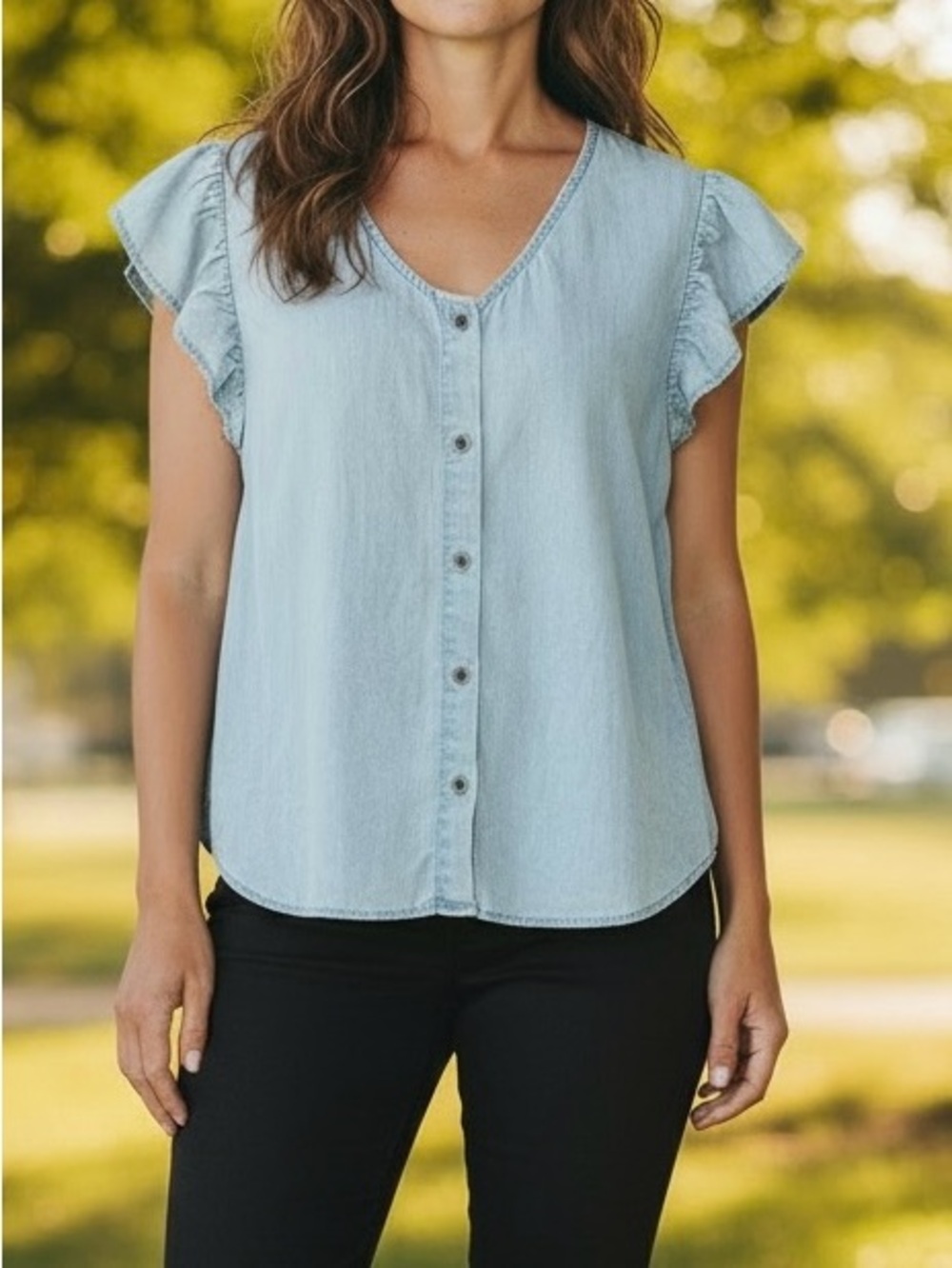 Jane and Delancey Light Blue Chambray Ruffle Sleeve Button-Front Top